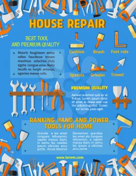 House repair poster of carpentry or handy construction work tools hammer, pliers or wrench and plastering spatula in toolbox, screwdriver or paint brush and saw or drill with ruler for home renovation