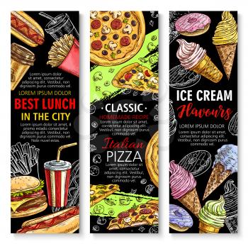 Fast food banners for restaurant. Vector combo lunch meals set, cheeseburger or hamburger and hot dog, Italian pizza and hot dog sandwich, french fries or chicken nugget, cake and ice cream dessert
