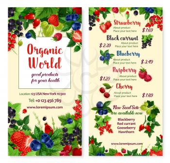 Berries vector menu price card for strawberry, fresh raspberry or blackcurrant and red currant fruit, farm harvest of cranberry, briar of cherry and blackberry or organic gooseberry for berry market