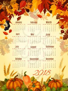 Autumn calendar 2018 template of Thanksgiving day pumpkin and forest berry harvest. Vector design or rowanberry and autumn foliage leaf of of elm, oak or maple and birch tree