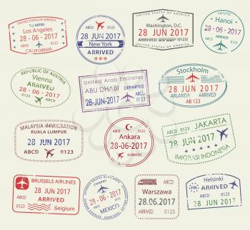 Passport stamps set of city names Los Angeles, New York, Helsinki, Stockholm, Vienna, Jakarta, Kuala Lumpur, Warsaw, Mexico, Brussels . Travel country arrival vector isolated icons