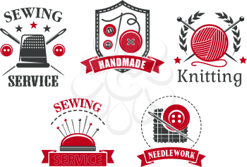 Sewing service or atelier tailoring salon icons set. Vector isolated symbols of sewing needlework pins in pillow and knitting needles or wool clew, button on thread, thimble and ribbon with stars