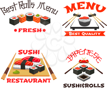 Sushi restaurant icons for Japanese cuisine menu template. Vector set of sushi rolls, red caviar and chopsticks, seafood noodles or rice, salmon or tuna fish sashimi, eel maki and wasabi or soy sauce