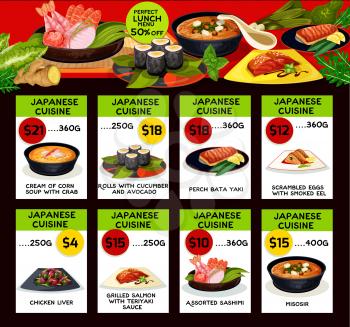 Japanese cuisine menu. Vector lunch offer for corn or crab cream soup, cucumber and avocado rolls, perch bata yaki or scrambled eggs and smoked eel, chicken liver and grilled salmon in teriyaki sauce