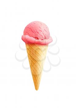 Ice cream in wafer cone realistic 3D icon. Vector isolated symbol of strawberry or raspberry berry and fruit ice cream scoop or sundae eskimo in crispy waffle for frozen dessert cafeteria or gelateria
