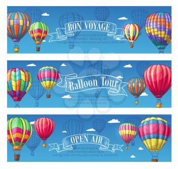 Hot air balloon Bon Voyage or open air festival banners set. Vector design of cloudhopper in zigzag, checkered and stripe pattern sketch design for travel tour or tourism agency and entertainment show