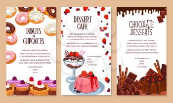 Bakery shop desserts poster template. Vector cakes, pies or cupcakes and pastry pudding tortes, biscuit cookies or chocolate muffins, cheesecake and brownie tar for cafe or patisserie