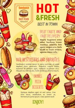 Fast food poster template for restaurant of burger, pizza and hot dog, fastfood combo sandwich and soda or coffee drink, ice cream and donut cake dessert or chicken wings and french fries snack