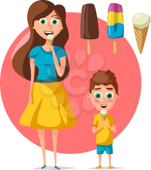 Mother and son boy eating ice cream. Vector flat woman and kid with frozen summer desserts of ice cream scoops in wafer cone, chocolate glaze sundae and eskimo gelato or fruit sorbet for cafeteria