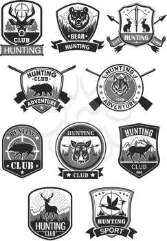 Hunting club icons se for hunter open season adventure Vector badges of wild animals elk, forest deer or reindeer and grizzly bear, wolf and aper or boar, ducks and hare with riffle guns and crossbows