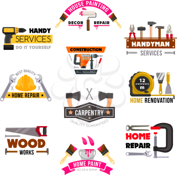 Handy service icons set for home renovation and woodwork repair. Vector isolated work tools saw, hammer or measure ruler, spanner or screwdriver and drill, plaster trowel and paint brush with grinder