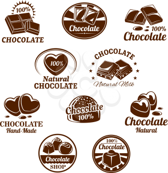 Chocolate desserts and choco candy bars icons. Vector isolated set of chocolate splash fondant and comfits with nuts and raisins for confectionery and sweet product labels or package design templates