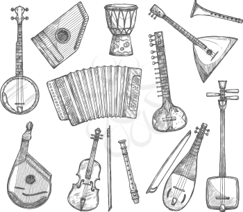 Musical instruments vector sketch icons. Vector isolated banjo guitar, ethnic jembe leather drum, balalaika zither and bouzuki, fiddle violin or flute and traditional folk music biwa koto or accordion