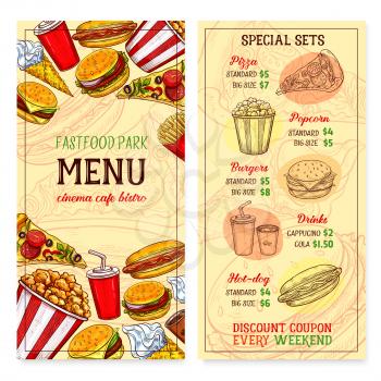 Fast food menu template with fastfood pizza, popcorn or burger and hot dog. Vector set of coffee or soda drink, french fries and chicken grill snack, donut and ice cream desserts for cinema bistro