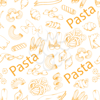 Pasta seamless pattern of Italian macaronis types. Vector spaghetti, lasagna or fettuccine and ravioli, pappardelle funghetto pasta, farfalle or tagliatelle and konkiloni bucatini or tortiglioni