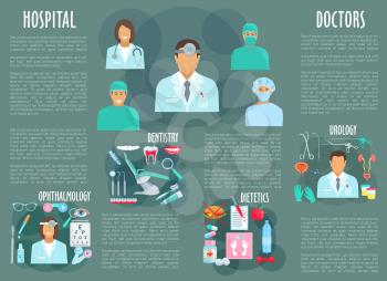 Hospital doctors of urology, ophthalmology, dietetics and dentistry medicine. Vector poster of medical personnel and eye dropper, tooth implant, syringe and diabetic pills or stethoscope and scalpel
