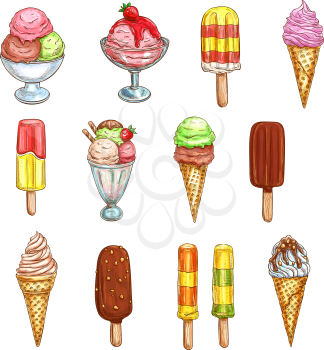 Ice cream sketch icons. Vector isolated frozen desserts set, fruit sorbet ice cream scoops in wafer cone, gelato bowls in chocolate fondant or caramel glaze, sundae eskimo for cafeteria or gelateria