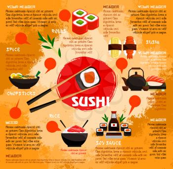 Sushi bar poster or menu template for Japanese seafood restaurant. Vector sushi rolls with tempura shrimp or prawn, salmon caviar sashimi and green tea, steamed rice and nori seaweed or tuna noodles