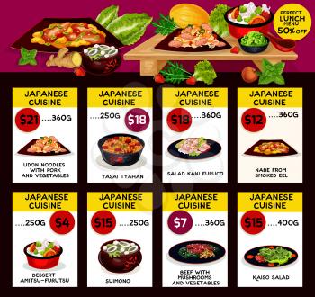 Japanese cuisine restaurant menu template. Vector lunch offer pork and vegetable udon noodles, yasai tyahan, salad kani furuco and kaiso, smoked eel nabe, amitsu-furutsu dessert, suimono beef mushroom