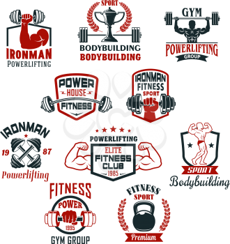 Gym icons for bodybuilding or powerlifting sport club. Vector isolated badges set of iron barbells or dumbbells in muscleman biceps hand, ribbons, stars and ironman bodybuilder winner cup prize