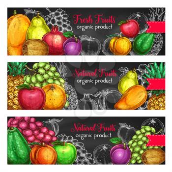 Fruits banners for fresh organic product or fruit farm market. Vector set of exotic pineapple, mango or papaya and farm garden apple, watermelon or melon and avocado, apricot or pear garden harvest