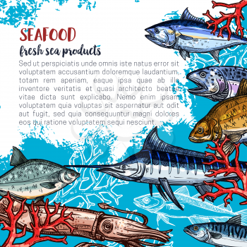 Seafood and fish food products posters template for fish and sea food market. Vector design of fresh marlin, octopus or flounder, salmon or tuna and prawn shrimp, lobster crab or squid and trout catch
