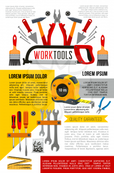 Home repair and house renovation poster of work tools for carpentry, woodwork and plastering. Vector handyman tools of hammer, mallet or screwdriver and saw, drill or trowel spatula and grinder plane