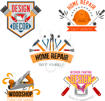 Work tools icons set for home design and house repair. Vector isolated symbols of paint brush, safety helmet or hammer and woodwork grinder plane, plastering rolls and rolls or screwdriver and toolbox