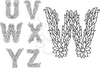 U, v, w, x, y and z floral letters isolated on white for design