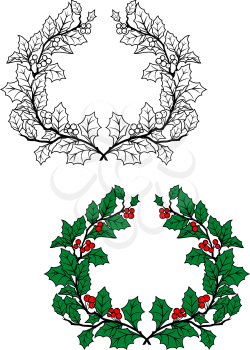 Christmas holly wreath with green leaves and red berries in retro style