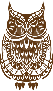 Brown owl with decorative ornament isolated on white background