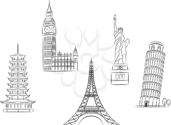 Travel landmarks set in sketch style for trip and journey concept design