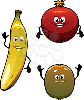 Green kiwi, red pomegranate anf yellow banana fruits isolated on white background in cartoon style