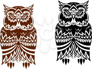 Tribal owl with decorative ornament isolated on white background
