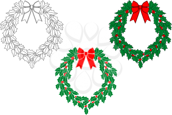 Christmas wreath with holly, berries and ribbons for holiday design