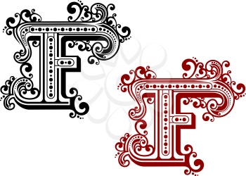 Vintage letter F with decorative elements in medieval style
