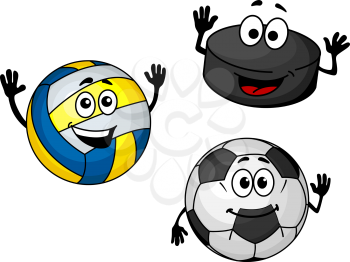 Hockey puck, volleyball and soccer balls in cartoon style for sports design