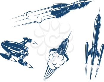 Spaceships and rockets flying in space. Vector illustration