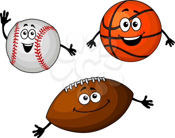 Baseball, basketball and rugby balls set in cartoon style