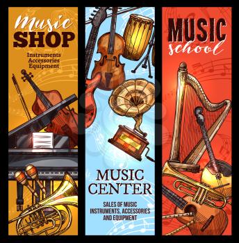 Musical instrument of classical and folk music banner set. Piano, guitar and drum, violin, trumpet and horn, maracas, flute and harp, cello and mandolin sketches for music concert or shop flyer design