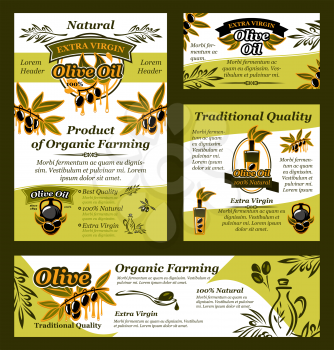Olive oil and fruit banner set for organic farming product template. Bottle of extra virgin oil poster, decorated with black and green fruit, oil drop and splash, olive tree branch and ribbon banner