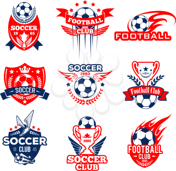 Soccer or football sport club heraldic badge set. Soccer ball and football winner trophy cup with flame, wing and star symbol on shield with ribbon banner and laurel wreath for sporting design
