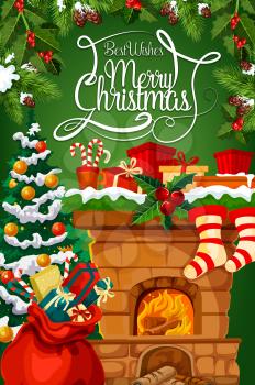 Christmas fireplace with gift stocking greeting card. Xmas tree and fireplace mantel, decorated by present, ribbon bow and ball, snowflake, sock and candy banner, framed with holly and fir branch