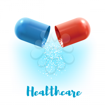 Open capsule pill with fall out granules 3d illustration. Healthcare poster with blue and red hard shells of capsule with medication inside for medicine, pharmacy and prescription drugs themes design