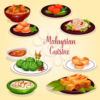 Malaysian cuisine icon of asian restaurant menu. Chicken vegetable stew, rice nasi lemak with veggies and chili sauce, meat pie, coconut dessert and prawn pancake, bean salad and vanilla sponge cake