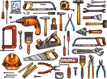 Tool for construction and repair work sketch set. Hammer, screwdriver and wrench, pliers, spanner, paint brush and roller, drill, saw, trowel and screw, tape measure, helmet and vice equipment design