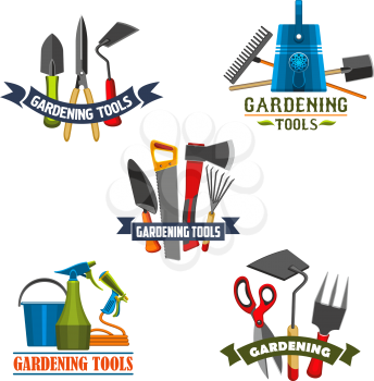 Gardening tools and equipment icon set. Rake, shovel and watering can, fork, spade and bucket, trowel, pruner and cutter, saw, axe and spray bottle symbol with ribbon banner for garden work design