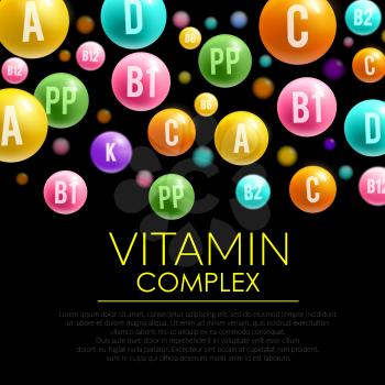 Vitamin pill complex 3d poster. Capsule or drop of vitamin C ascorbic acid , A retinol , PP nicotinic acid , D and group of vitamin B banner for health care product and nutrition supplements design