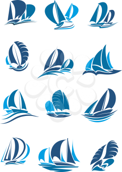 Sail boat, yacht and sailboat icon set. Sailing ship under full sail with wave and splashes blue silhouette of water vessel for sailing sport, regatta, sailing race and yacht club emblem design