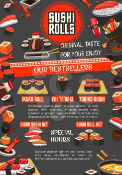 Japanese sushi banner of asian cuisine restaurant template. Sushi menu special offer flyer with salmon fish roll, seafood nigiri sushi, tuna sashimi and sticky rice, noodle soup ramen and green tea